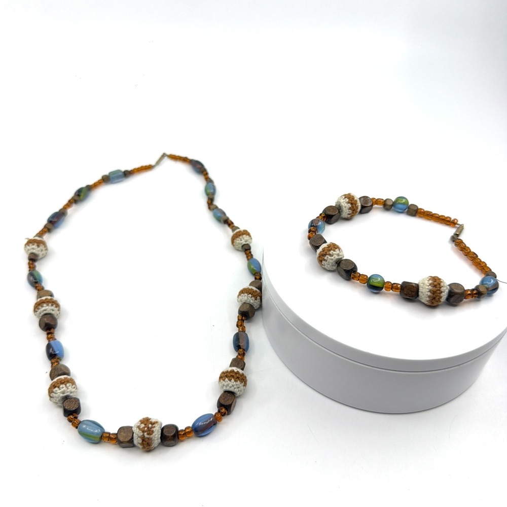 Boho Wooden & Crochet Bead Necklace Bracelet Set - Earthy Festival Jewelry